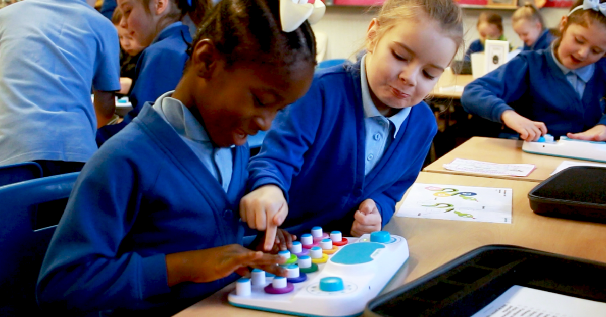 Two classmates enjoying Soundbops.