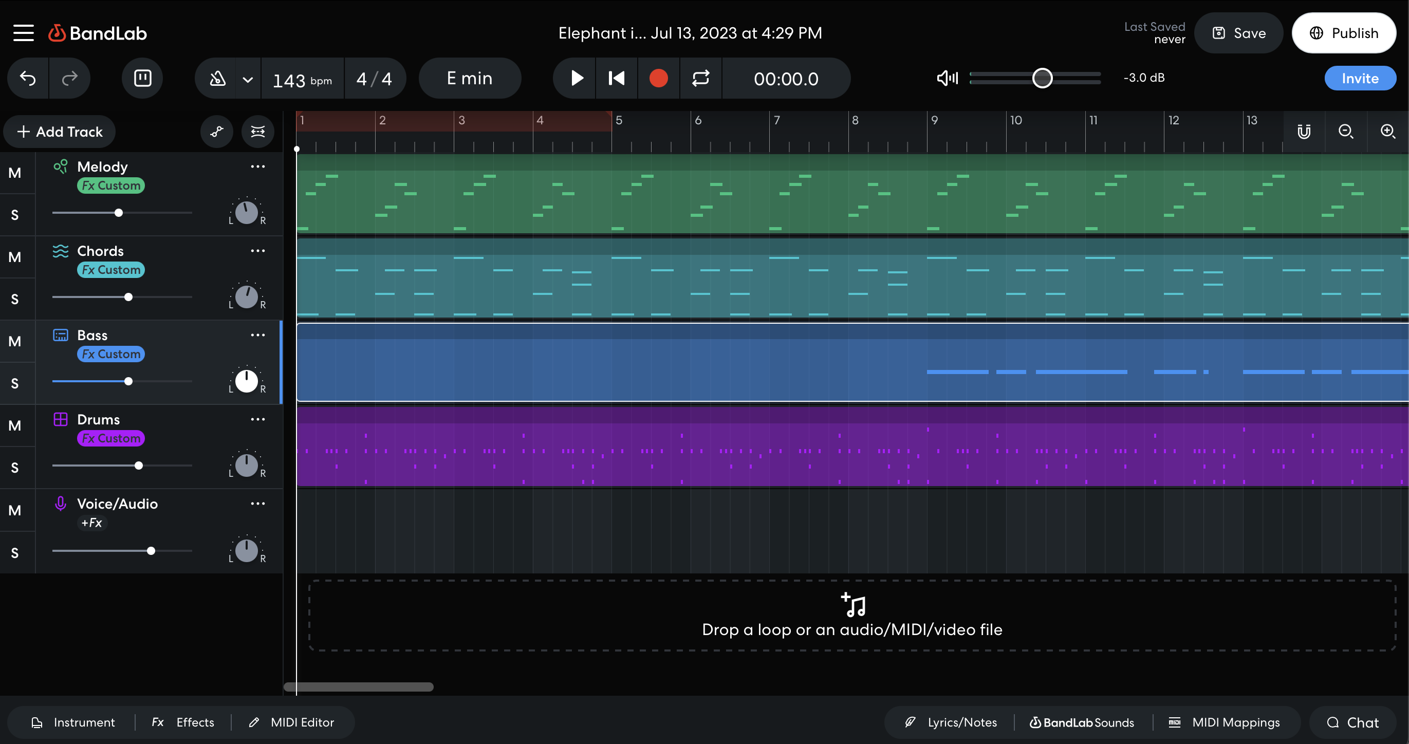 Example of how BandLab DAW looks when loaded with an AI generated idea.