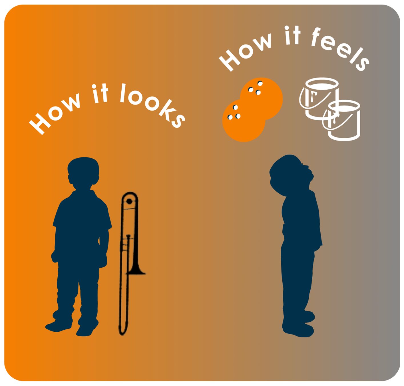 Image showing a child with a trombone versus a representation of the weight of the trombone: the equivalent of two bowling balls or cans of paint.