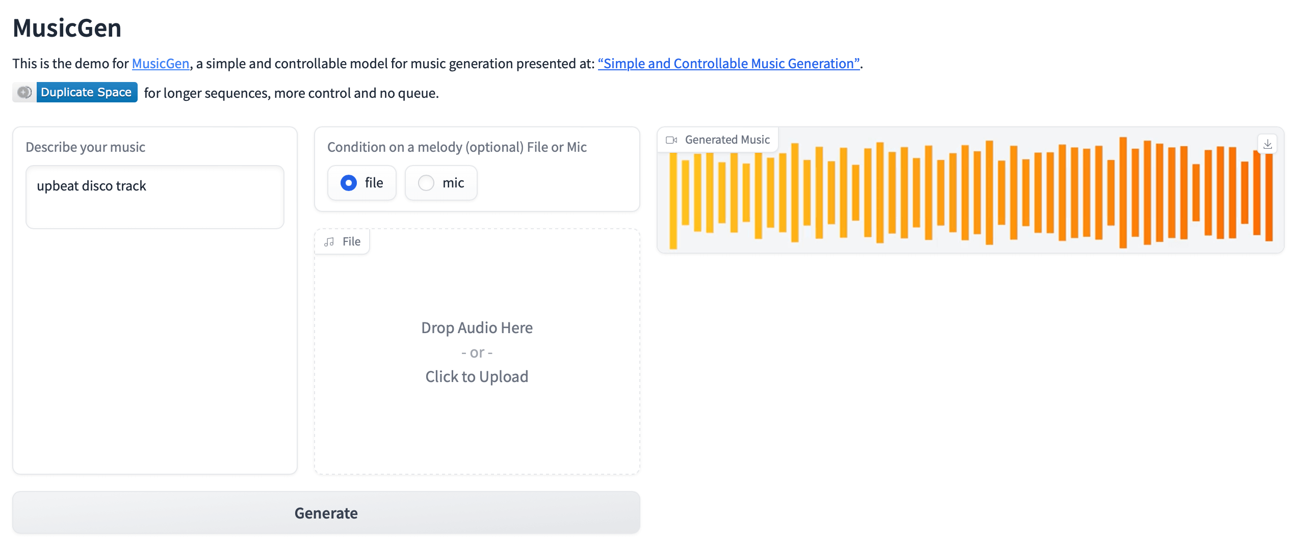 Screenshot of MusicGen with the promot